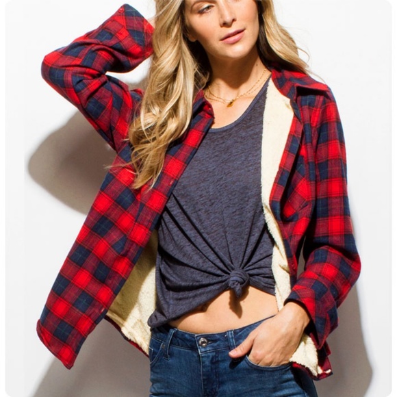 Red Sherpa Lined Flannel Plaid Shirt Jacket Top - Picture 2 of 8